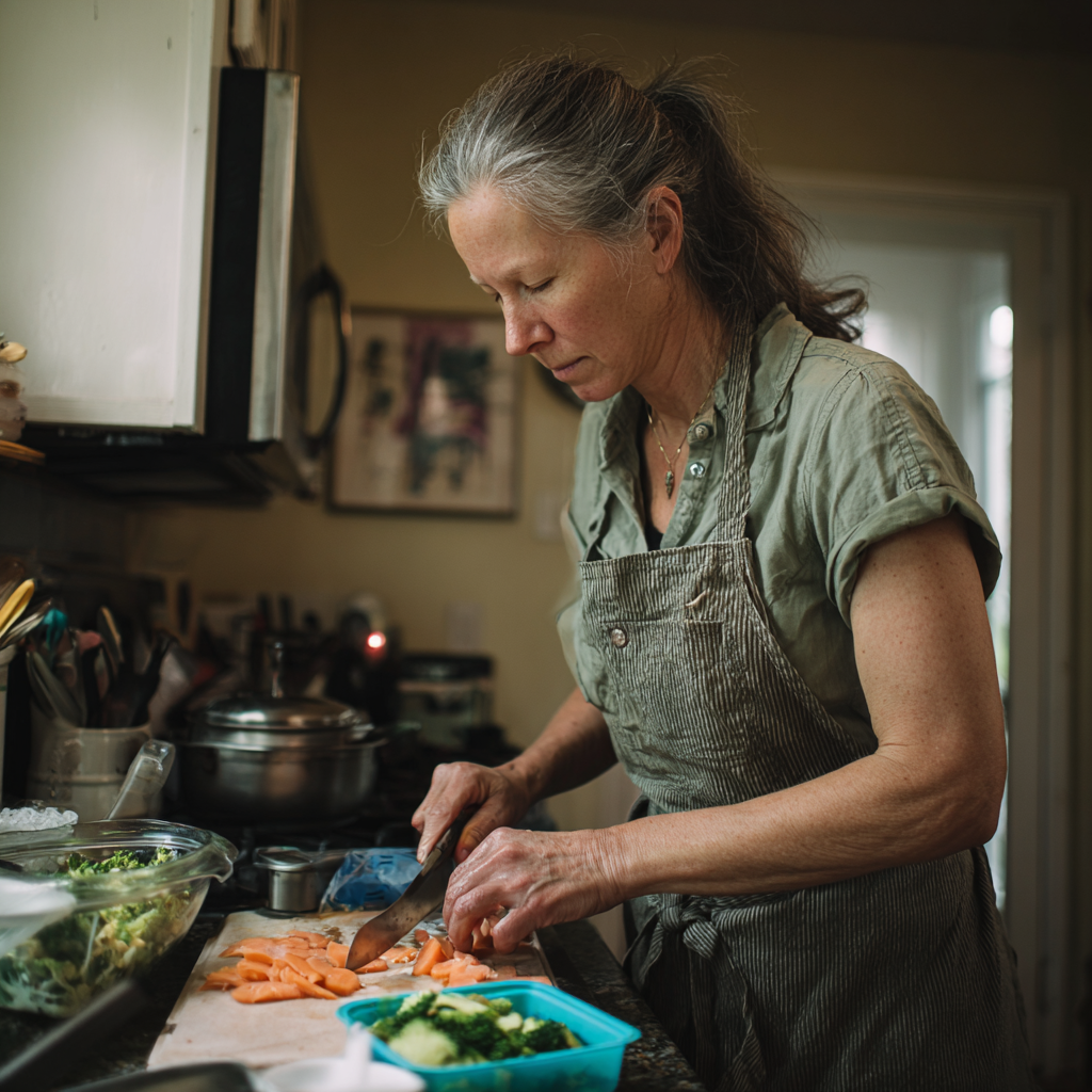 Жена на 52 години готви персонализирано здравословно ястие в кухнята си