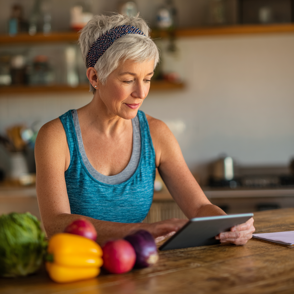 Жена на 55 години избира здравословни цели на таблет