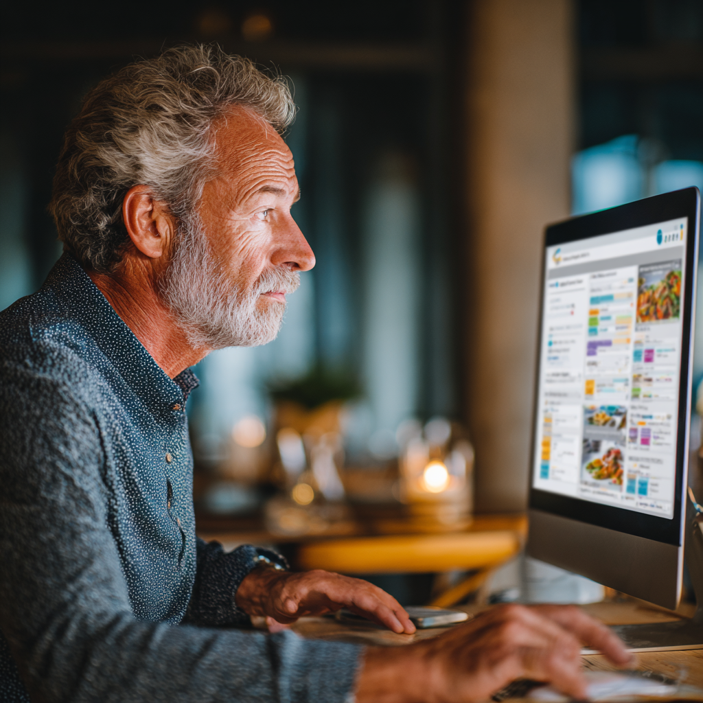 Мъж на 58 години разглежда персонализиран хранителен план на компютър